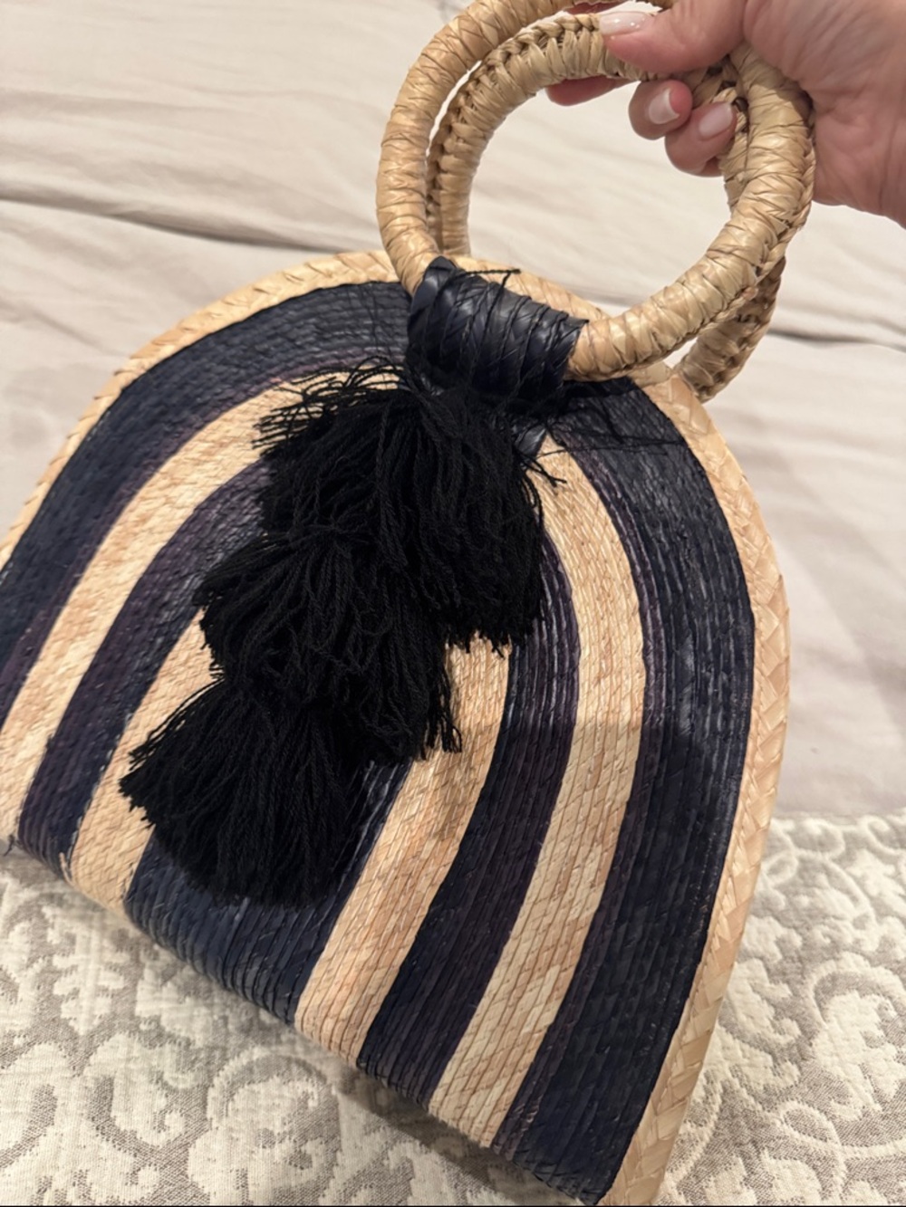 Handwoven Straw Top-Handle Bag in Natural and Black